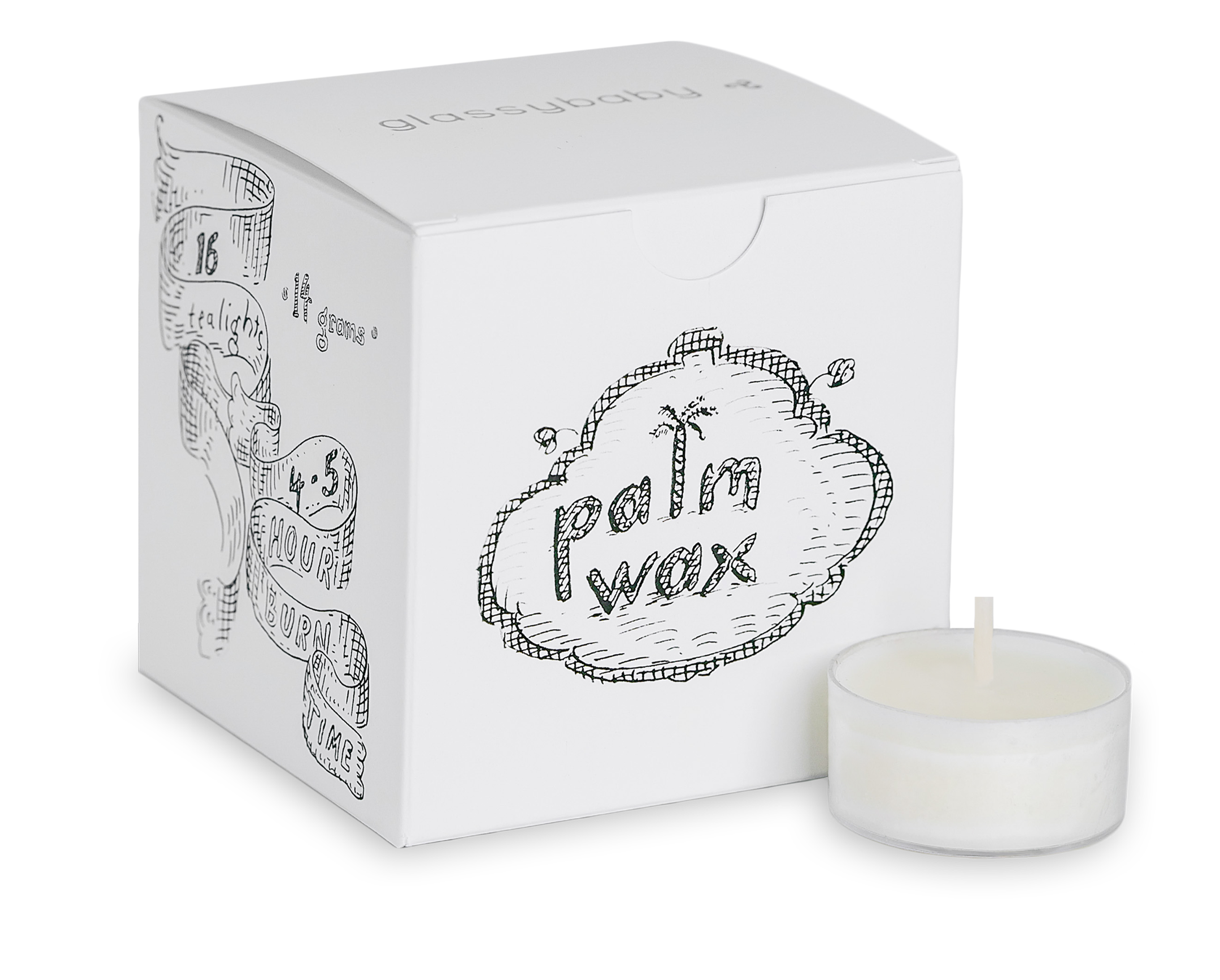 box of 16 palm wax tea lights.