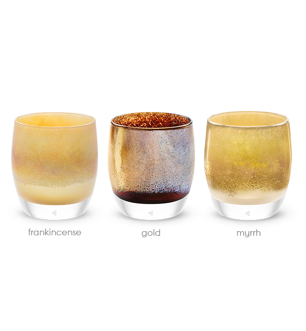 precious cargo is a beautiful set of 3 hand-blown glass candle holders; frankincense, gold, and myrrh.