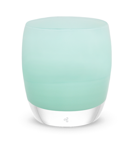 rainshine light teal hand-blown glass votive candle holder.