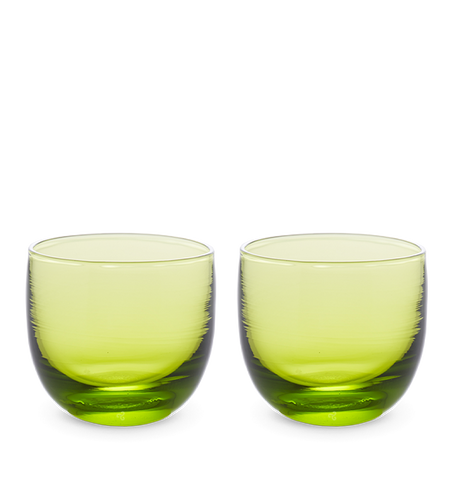 twist drinker set, two transparent lime green, hand-blown drinking glasses.