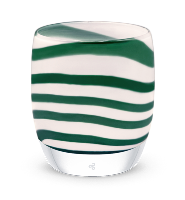 green stripes on a white base create beautiful wintergreen, a hand-blown glass votive candle holder.