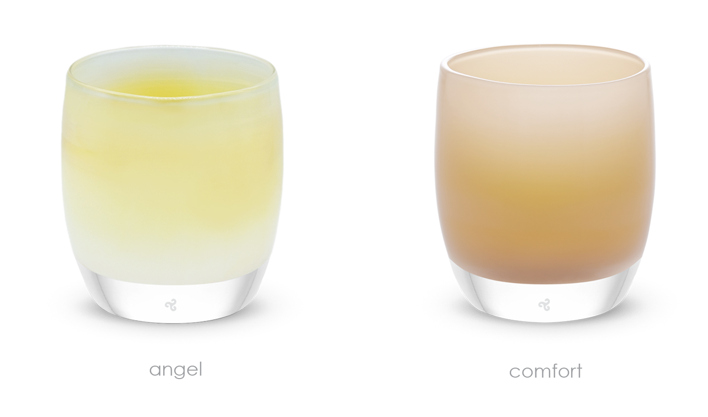 gentle wings set, angel white yellow and comfort a warm nude, hand-blown glass votive candle holder.