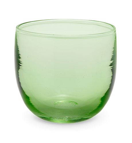 gin fizz drinker, transparent light green hand-blown drinking glass.