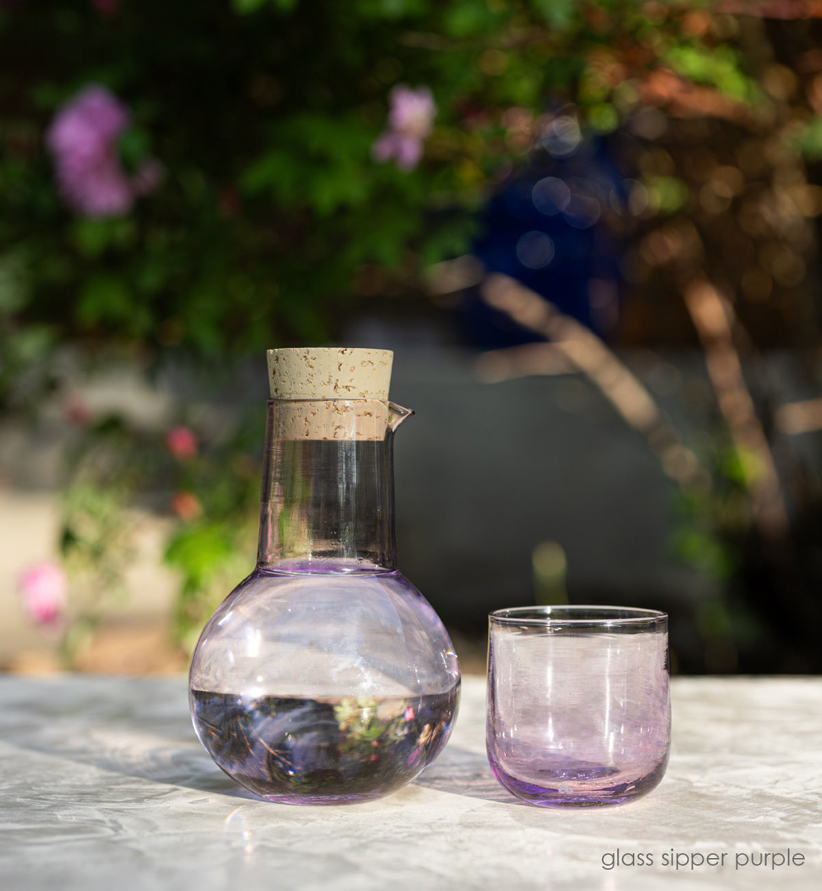 glass sipper purple, hand-blown carafe with cork lid and drinking cup 