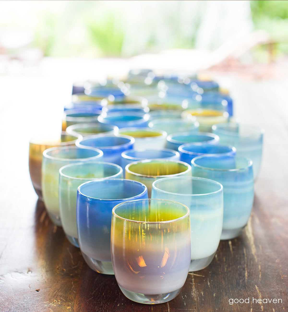 good heaven, festival of lights blue white, miracle golden pink, enchanted green, holiday hand-blown glass votive candle holder set