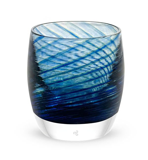 blue swirls wrapped around clear glassybaby. 