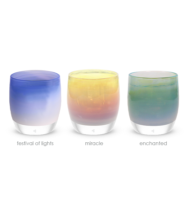 good heaven, festival of lights blue white, miracle golden pink, enchanted green, holiday hand-blown glass votive candle holder set
