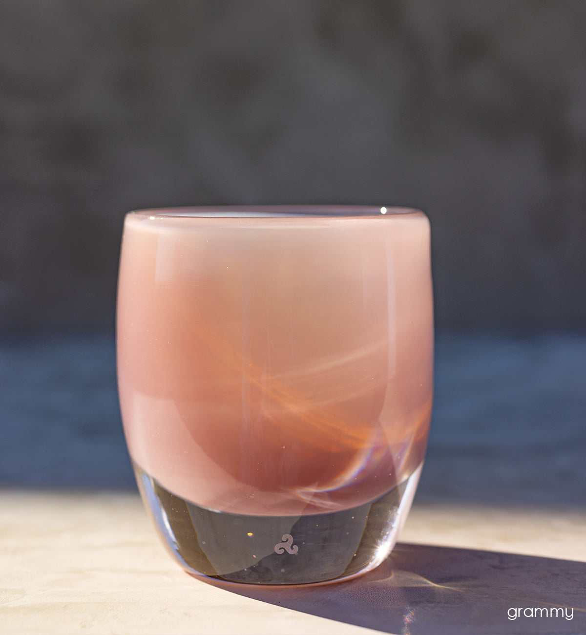 grammy, soft pink hand-blown glass votive candle holder.