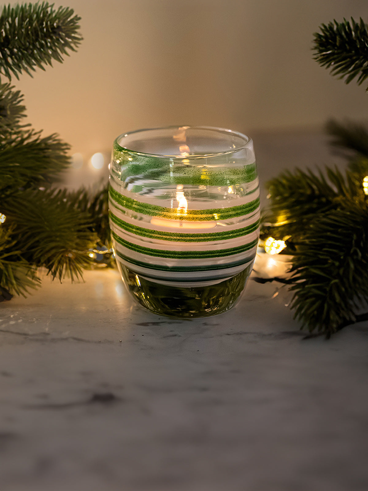  'green ribbon' glassybaby: green, white, clear swirl handblown glass candle holders with garland with lights