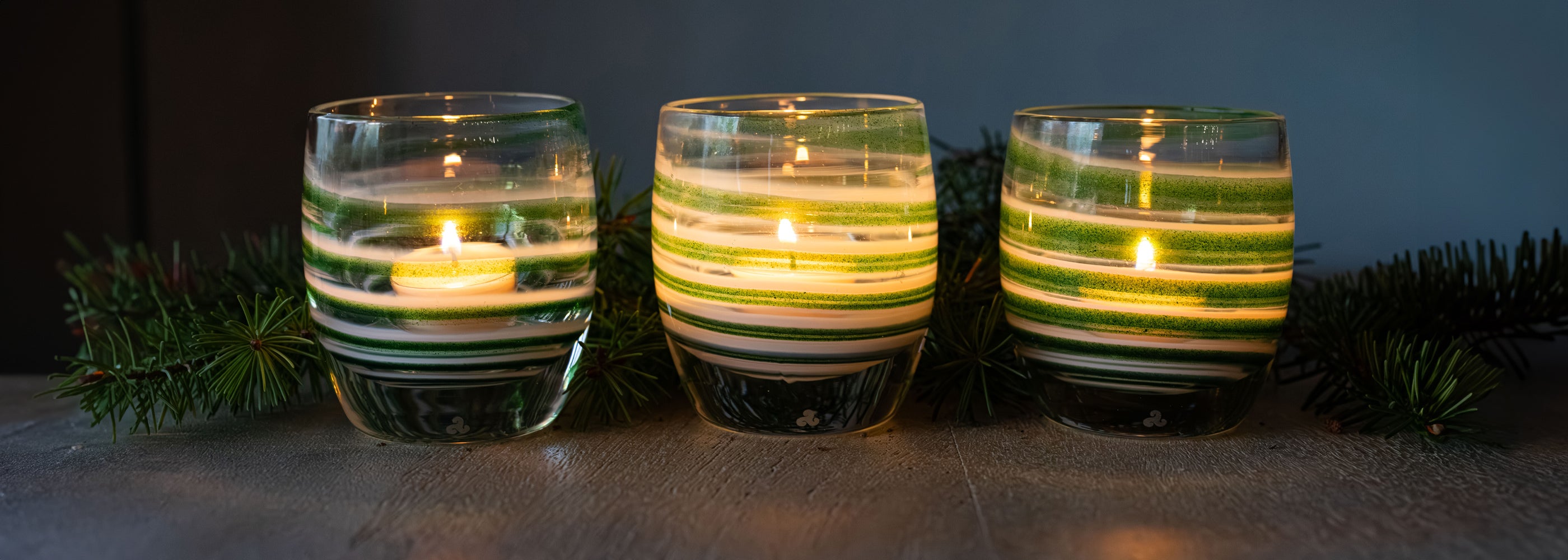 3  lit 'green ribbon' glassybaby: green, white, clear swirl handblown glass candle holders with garland