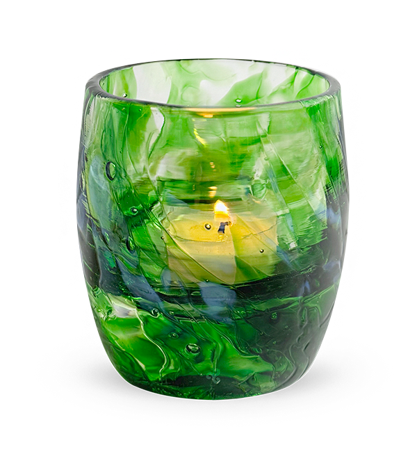 gumdrop glassybaby, green shards melted into clear hand-blown glass candle holder with lit tealight