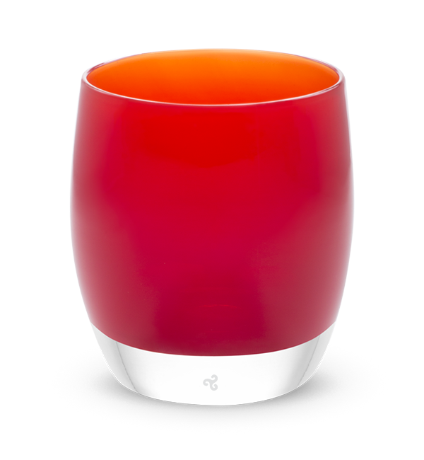happy birthday bright red, hand-blown glass votive candle holder.
