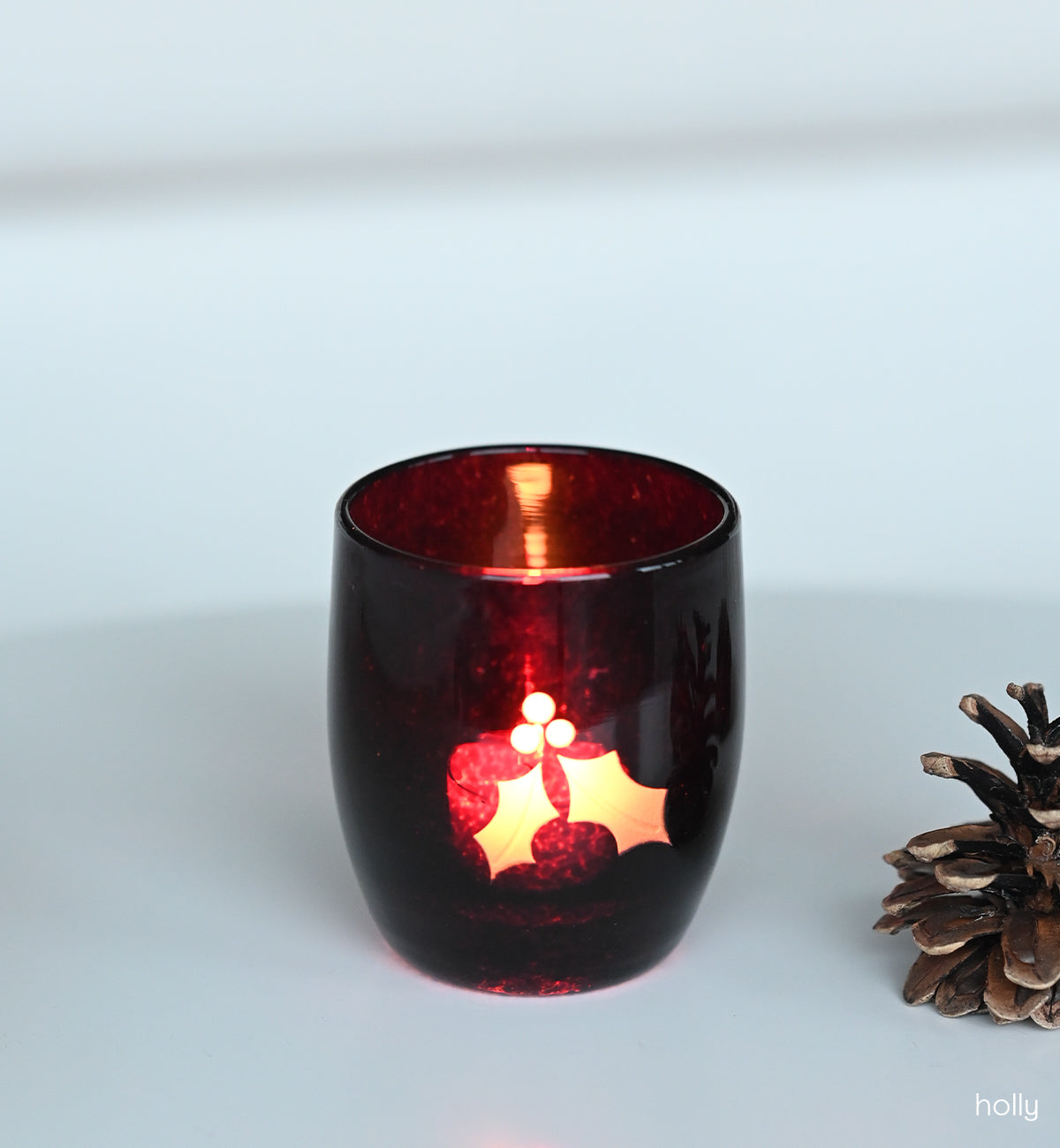 holly deep red translucent holly leaf and berry etching hand-blown glass votive candle holders