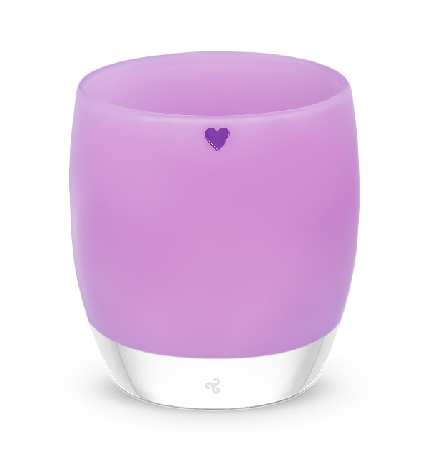 humble heart, purple etched heart on a hand-blown glass votive candle-holder.