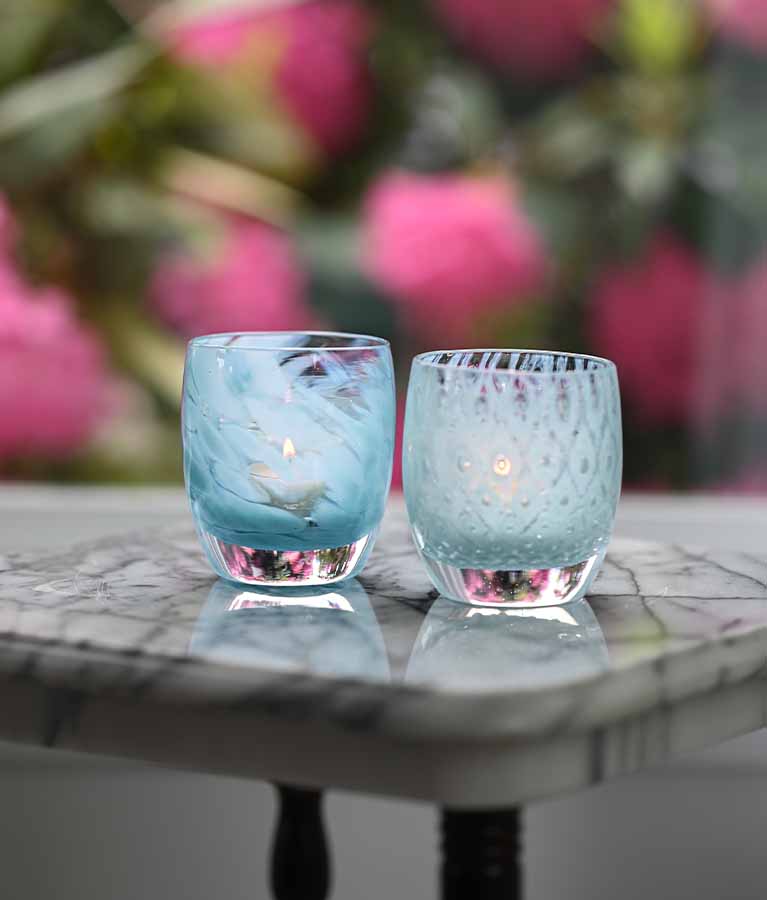 blessing blue petal hand-blown glass votive candle holder, paired with good choice