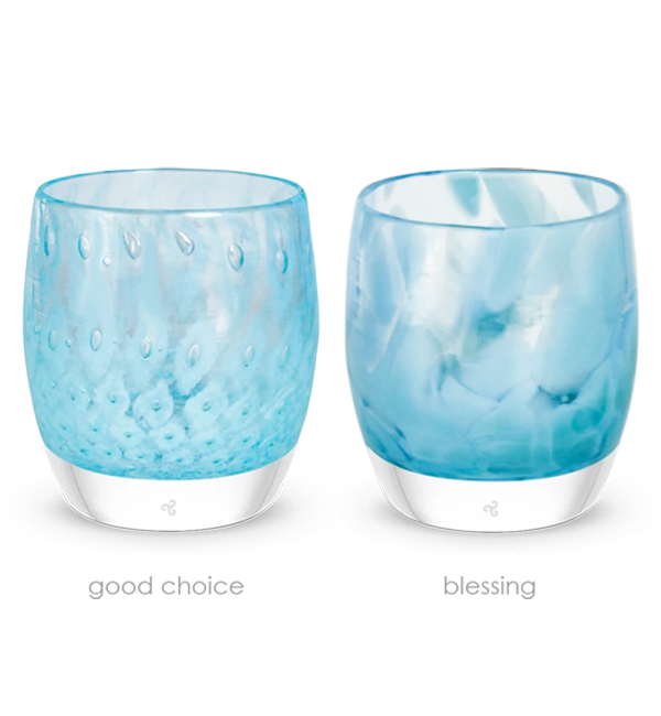 i do, i do is a set of two patterned light blue hand-blown glass candle holders. it includes good choice, a light blue bubble pattern and blessing a mottled blue pattern.
