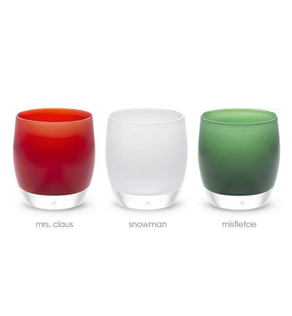 ice ice baby set, mrs clause red, snowman white, mistletoe green, handblown glass votive candle holder