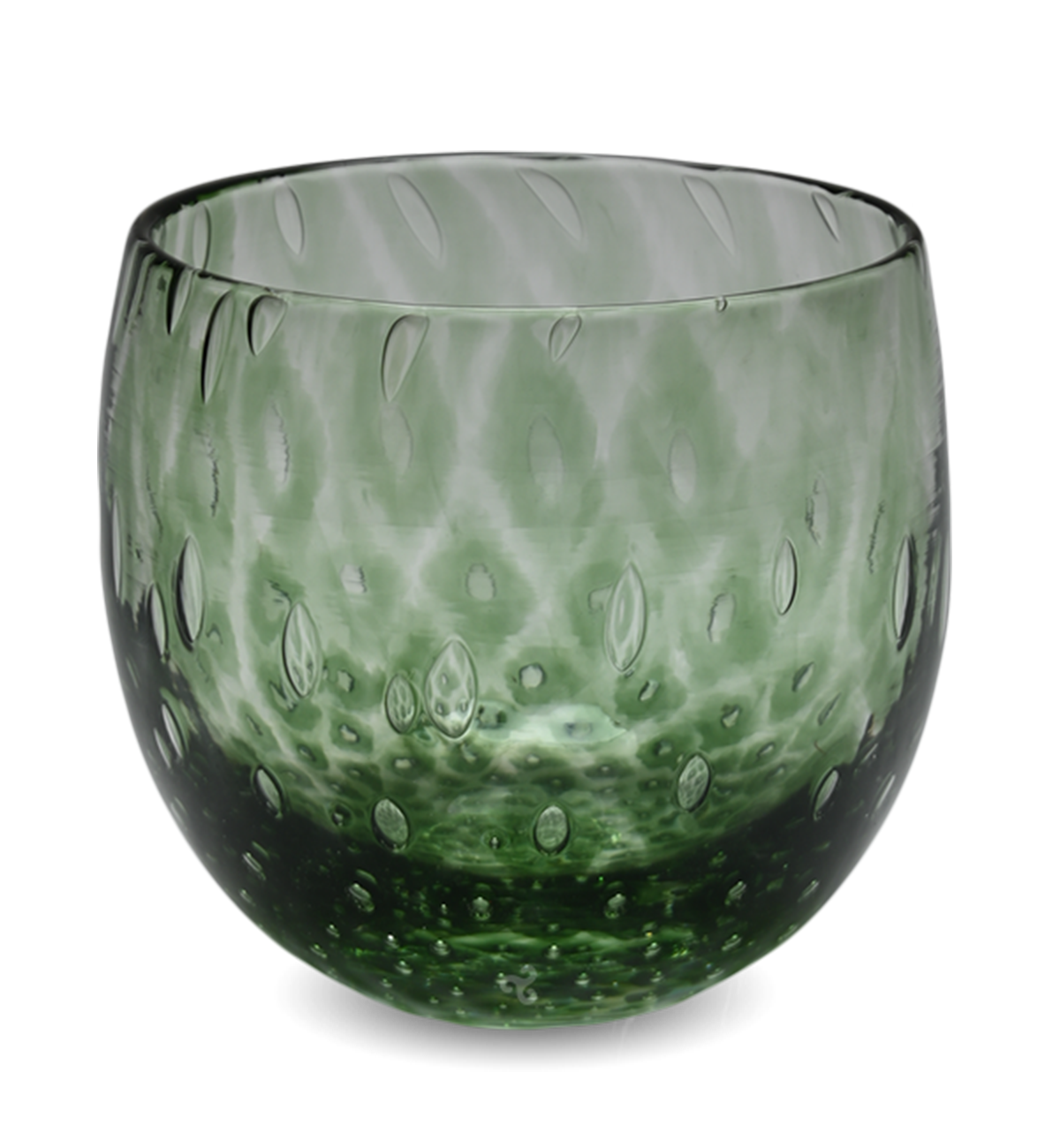infusion is a dark green hand-blown drinking glass with a bubble pattern.