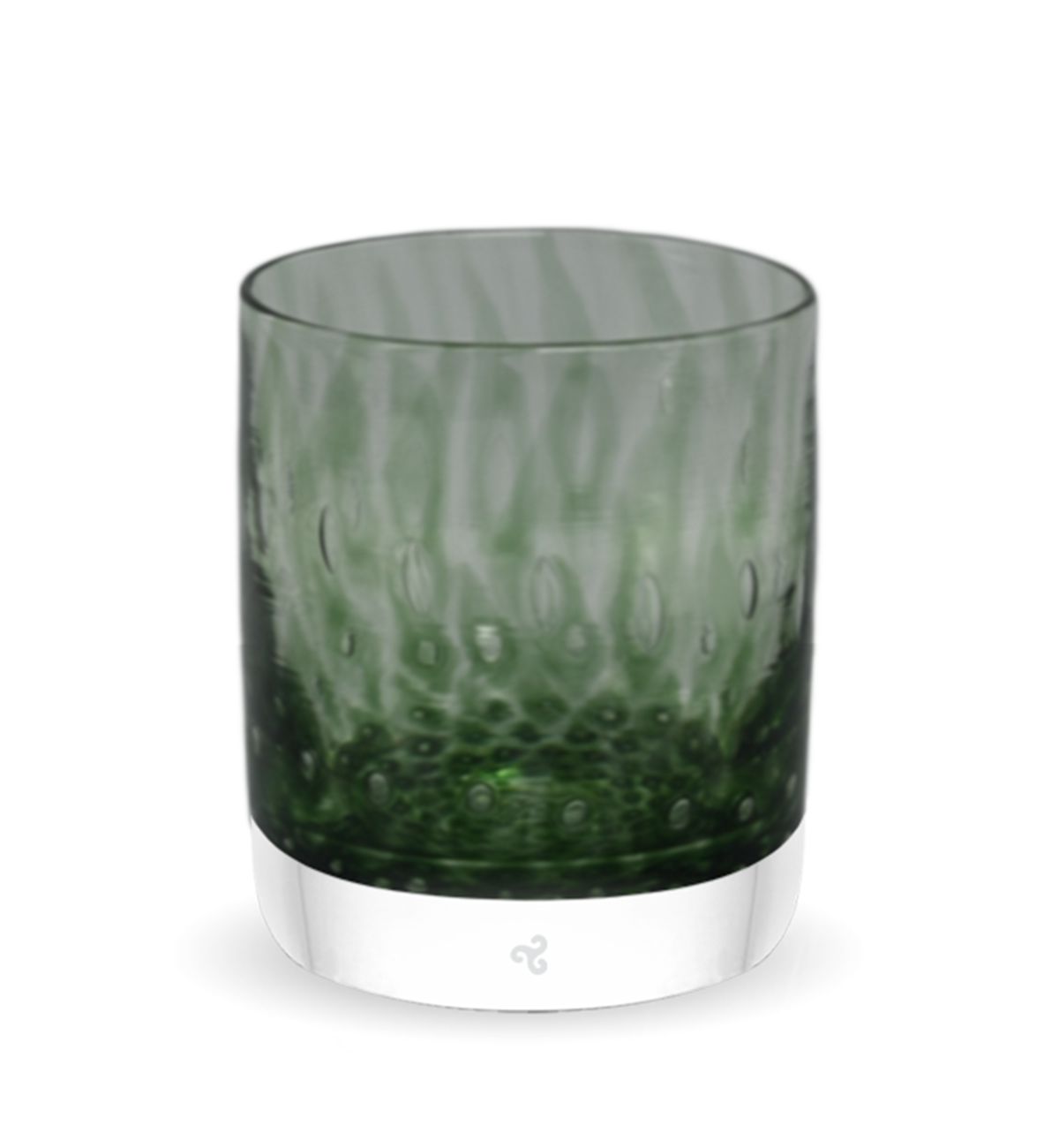infusion rocker is a dark green hand-blown low ball glass with a bubble pattern.