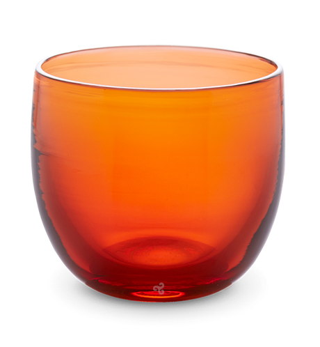 kentucky water, rusty orange red transparent hand-blown glass drinking glass.
