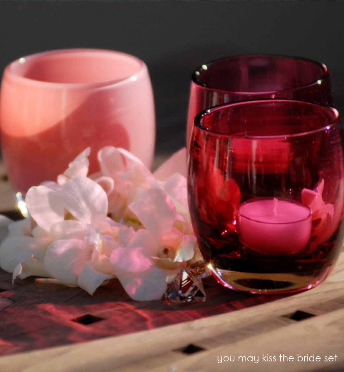 you may kiss the bride set, smooch pink and true love translucent dark pink, hand-blown glass votive candle holders