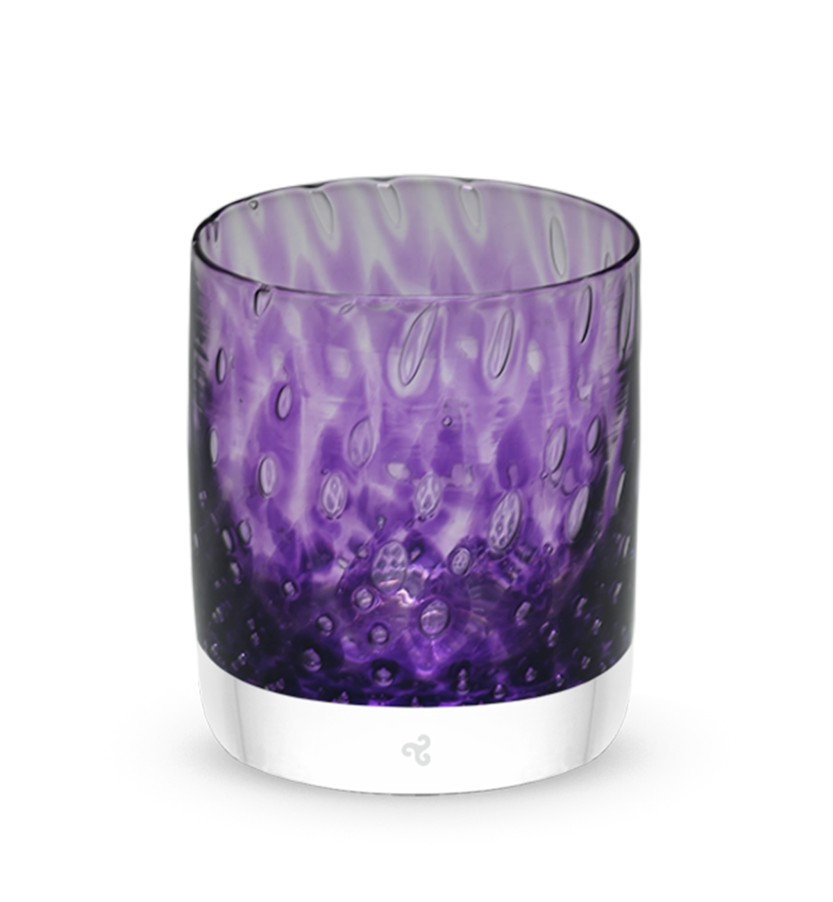 love potion #8 rocker is a deep purple hand-blown low ball glass with a bubble pattern.