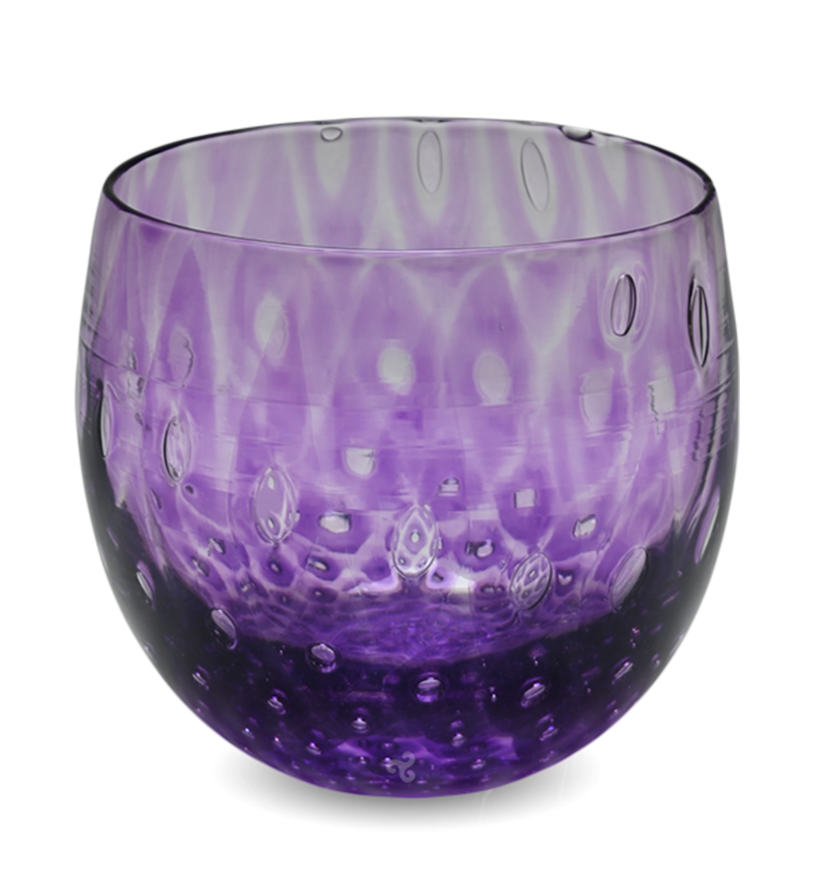love potion #8 is a deep purple hand-blown drinking glass with a bubble pattern.