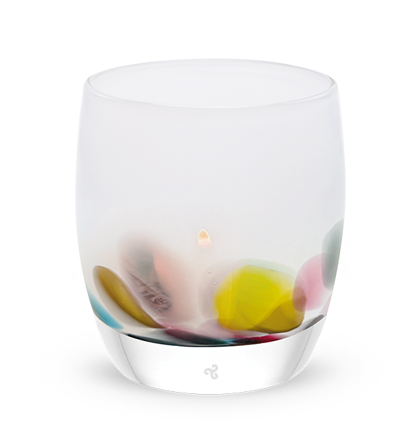 mahalo, white with multi-colored yellow, pink, teal, purple and green petals hand-blown glass votive candle holder.