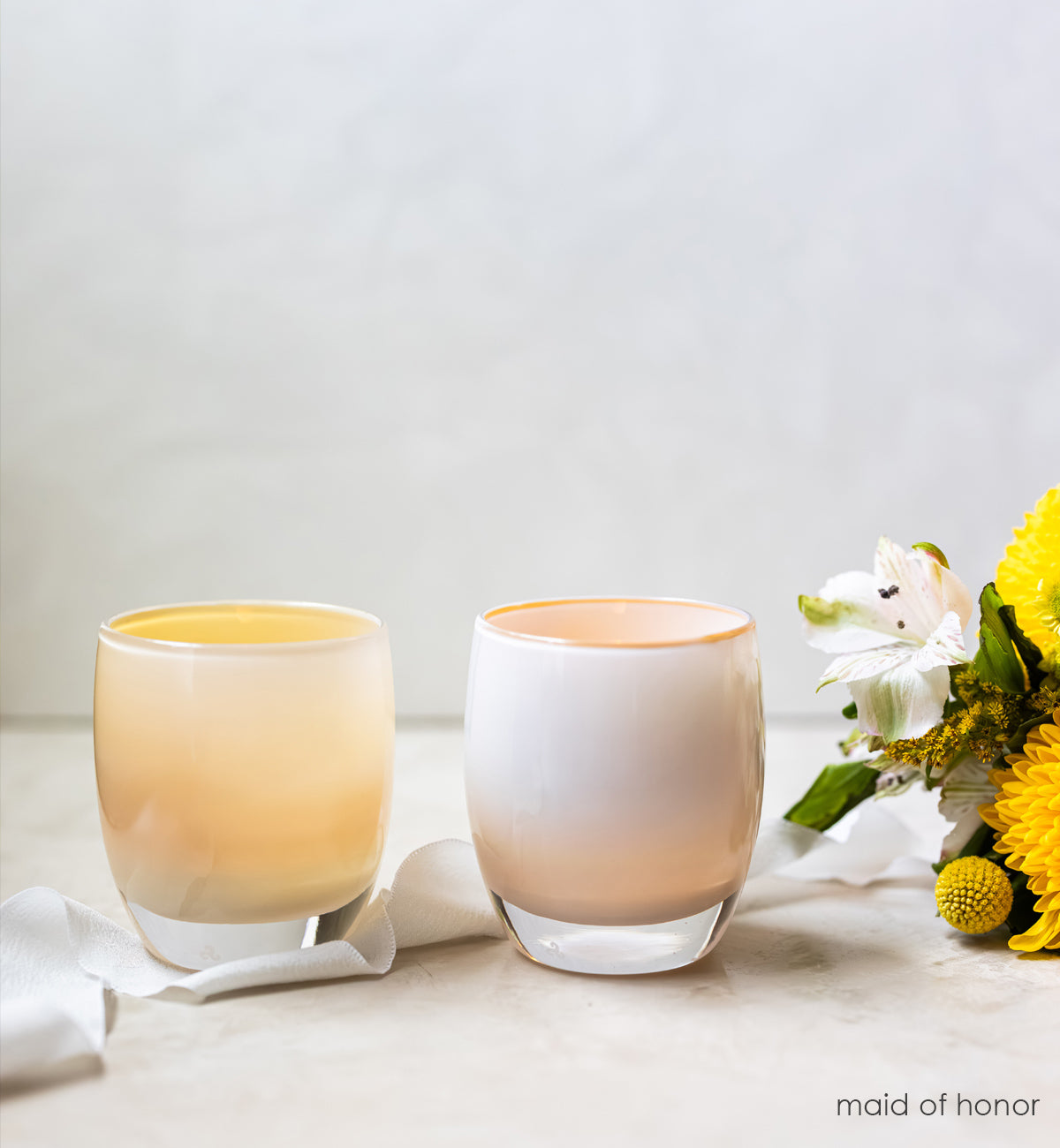 maid of honor set, cherish and friendship with yellow and white flower bouquet. White ribbon wrapped around. 