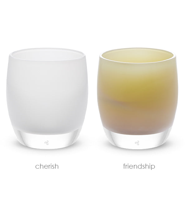 maid of honor set, cherish white friendship cream, hand-blown glass votive candle holder set