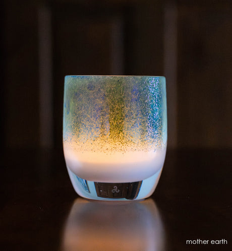 mother earth white with metallic green blue top, hand-blown glass votive candle holder. 