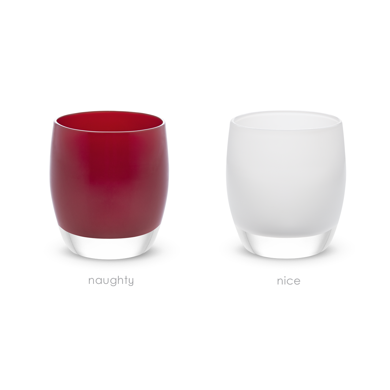naughty and nice set, naughty red, nice white, set of hand-blown glass votive candle holders