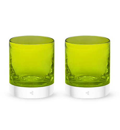 two New Leaf rockers, light green transparent hand-blown glass lowball drinking glasses. #option_pair