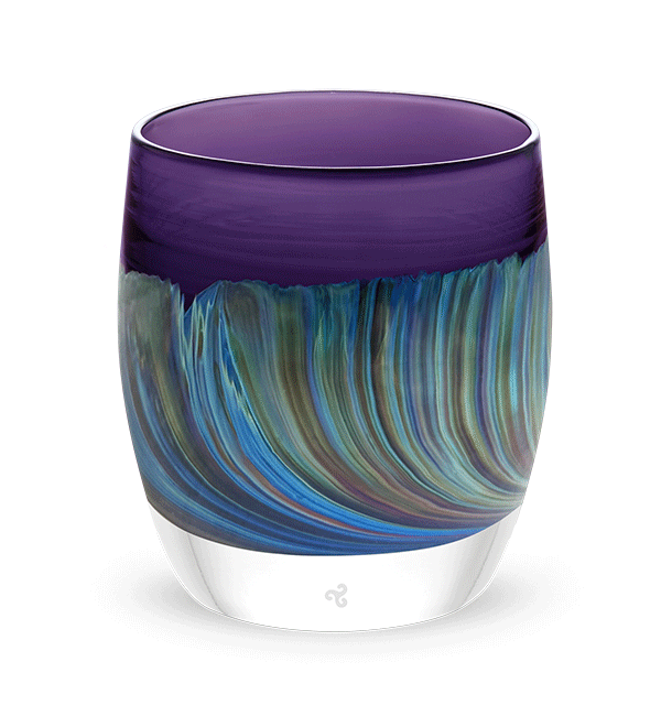 northern lights | purple with blue and green swooshing up from the bottom hand-blown glass votive rotating to show the difference 