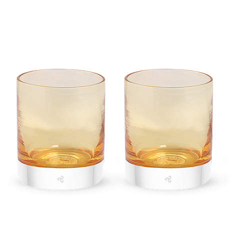two Oak Wood rockers, light brown hand-blown glass lowball drinking glasses. #option_pair