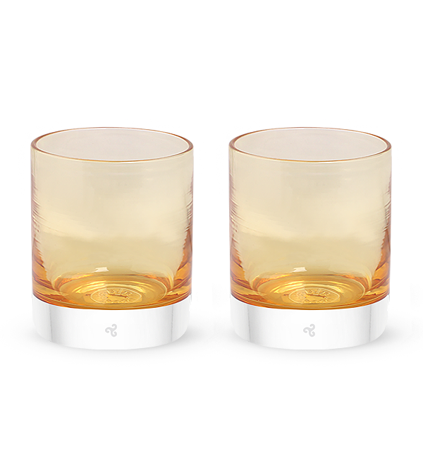 two Oak Wood rockers, light brown hand-blown glass lowball drinking glasses. #option_pair