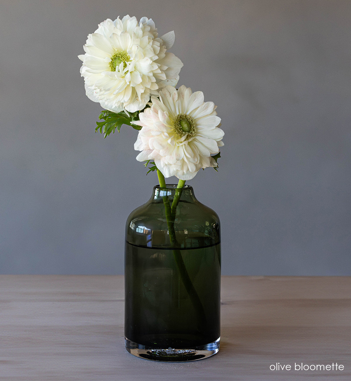  transparent olive hand-blown glass flower bud vase with white flowers on wood table and gray background