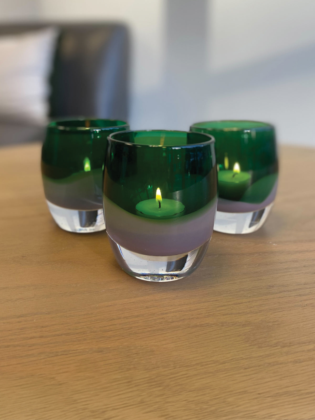 one of a kindess green and purple glassybaby hand-blown glass candle holder