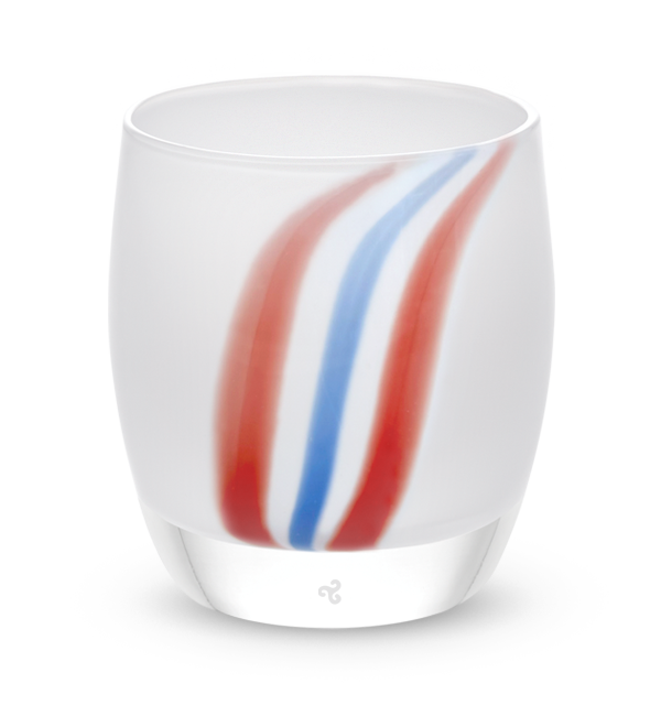 open road, white with vertical blue and red stripes hand-blown glass votive candle holder.
