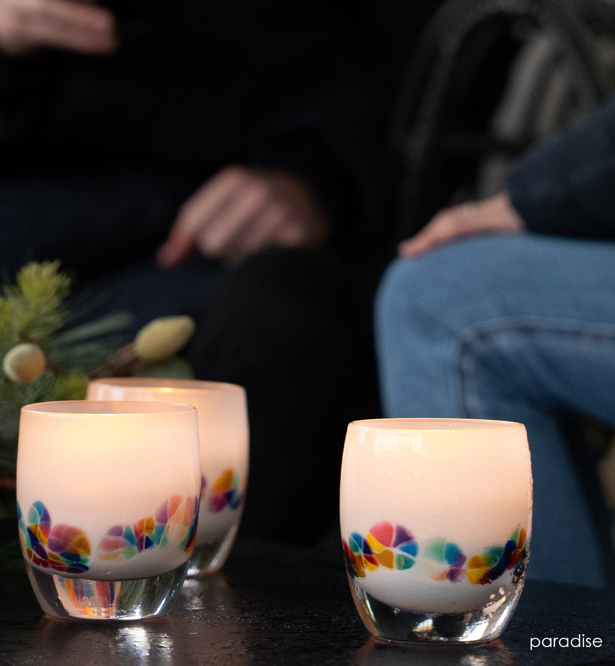 paradise white rainbow flowers hand-blown glass votive candle holder
