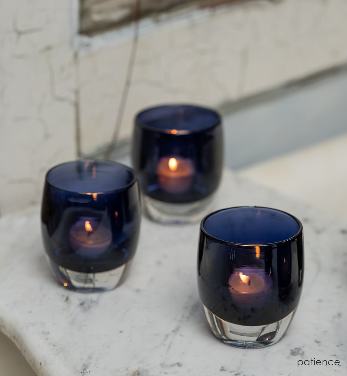patience translucent dark blue purple hand-blown glass votive candle holder