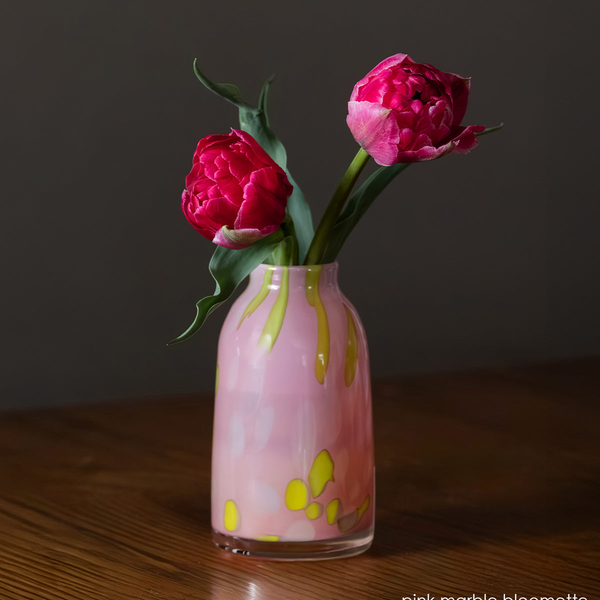 pink marble bloomette | pink marble with yellow spots handblown 