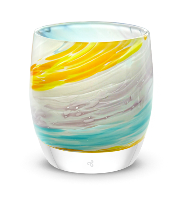 places you'll go hand-blown multi-colored white, blue, yellow, purple swirl, hand-blown glass votive candle holder.