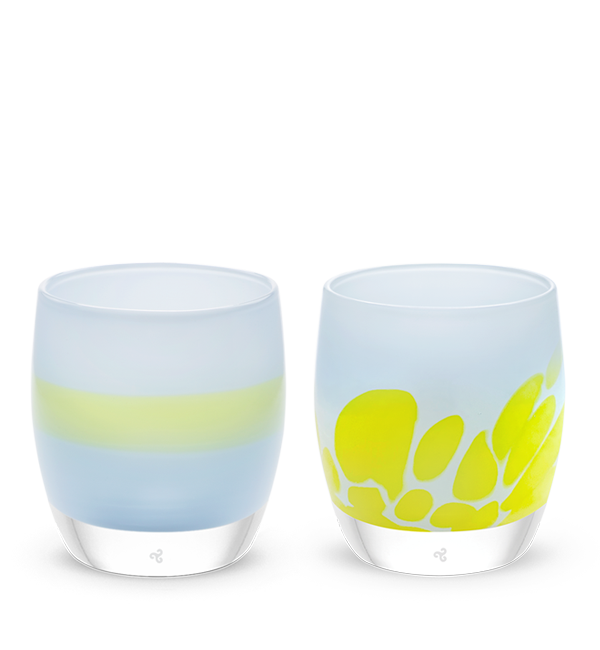 light blue and yellow chartreuse and light blue with yellow petals set of two hand-crafted glass votive candle holders