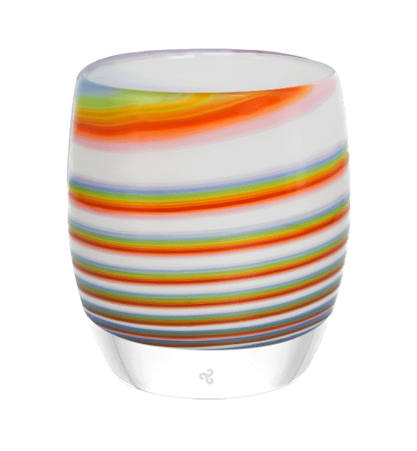 rainbow swirled hand-blown glass candle holder.