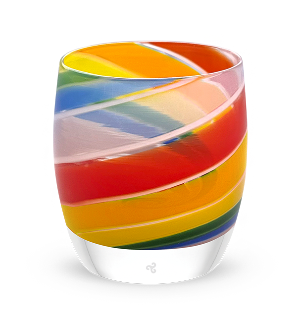 'pride 2025' glassybaby with rainbow swirls, hand-blown glass candle holder. 