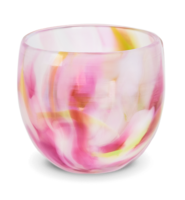 prima pink multi-colored petal, hand-blown drinking glass.