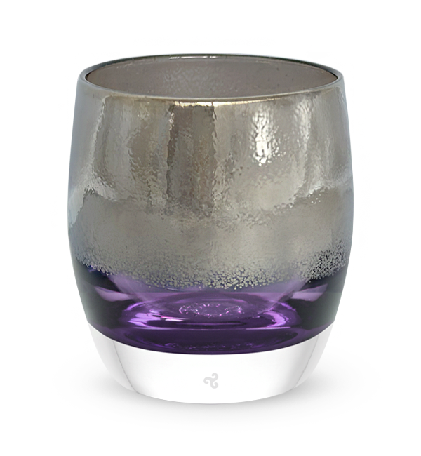 splendor, purple with silver shimmer hand-blown glass votive candle holder.