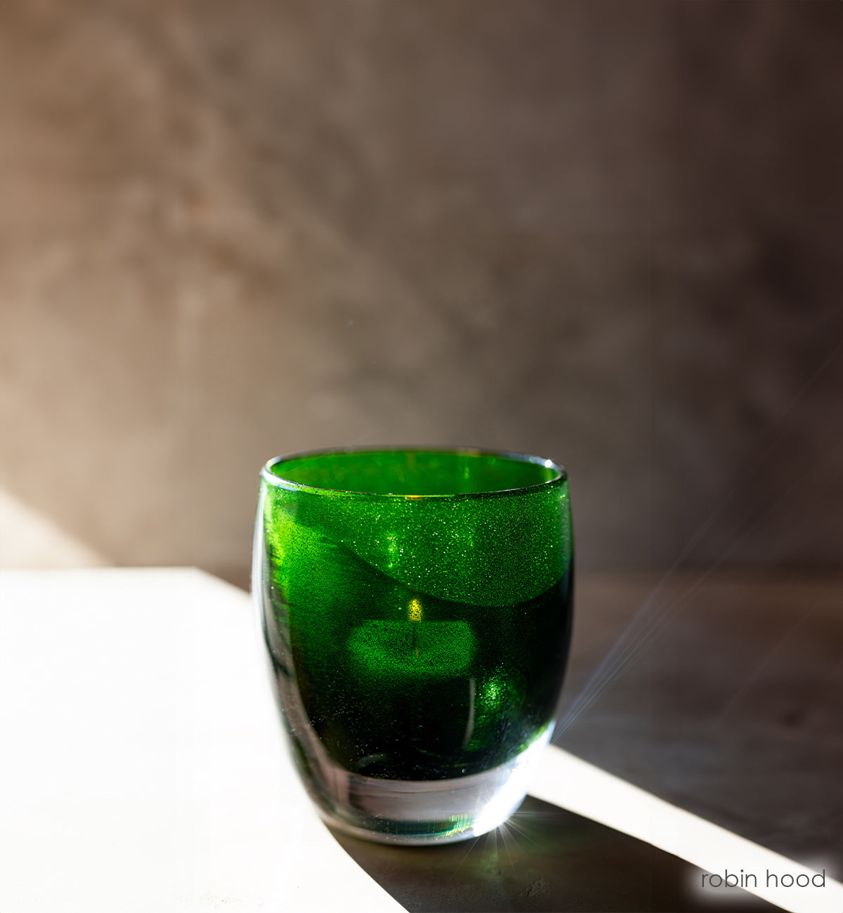 robin hood | green with sparkles hand-blown glass candle holder