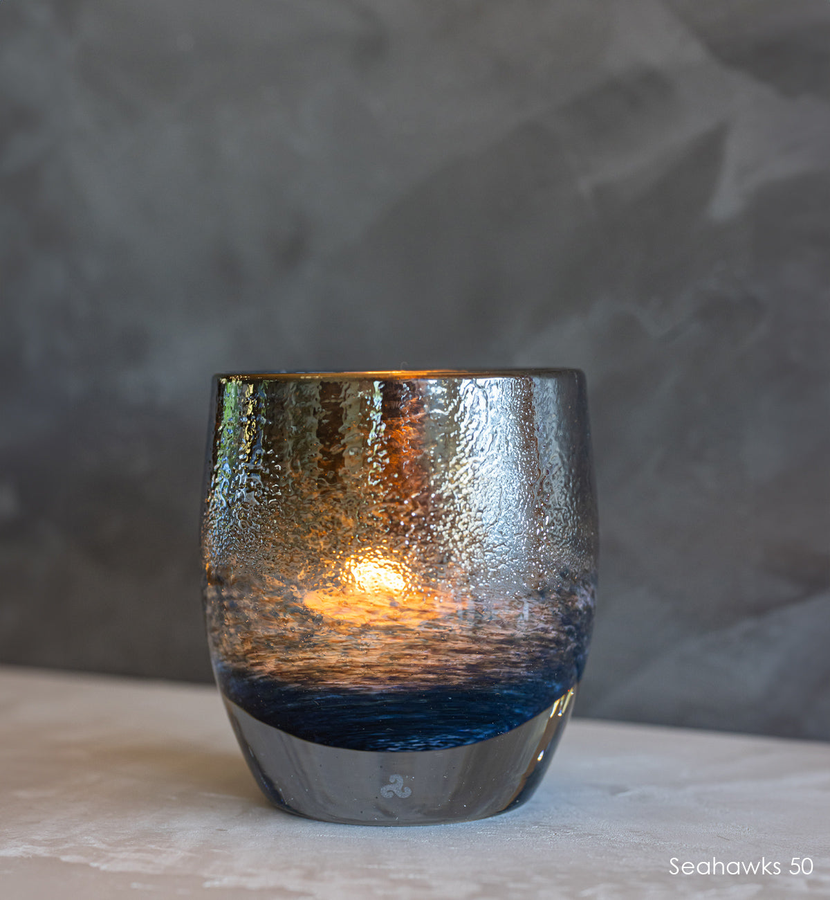 Seahawks '50', navy and metallic, hand-blown glass votive candle holder